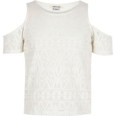 Girls cream lace pattern cold shoulder top